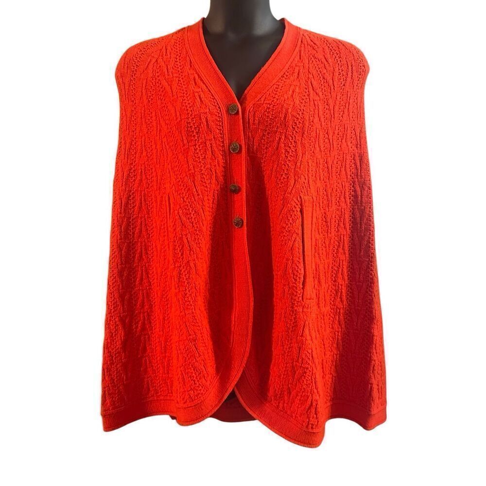 Women's Red Super Soft Button Front V-Neck Wool Cable Knit Poncho One Size